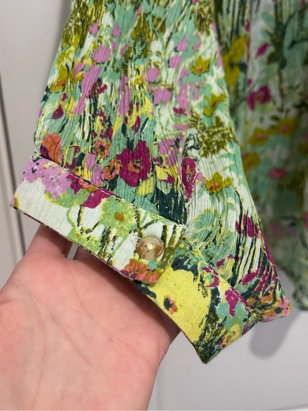 Pilcro for Anthropologie Green Floral Button-Front Blouse with Pink Accents - Picture 8 of 9